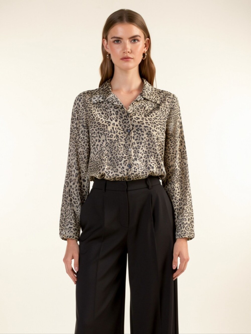 90s Vintage Leopard Print Button-Front Blouse - Taupe/Black Size L/XL